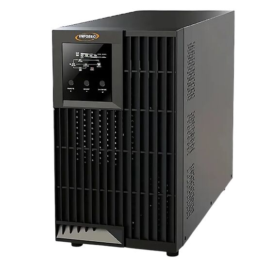 Onduleur de marque Infosec avec un écran de contrôle LCD à l'avant et une structure noire ventilée.
