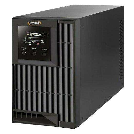 Onduleur de marque Infosec avec un écran de contrôle LCD et des grilles de ventilation sur la façade avant.
