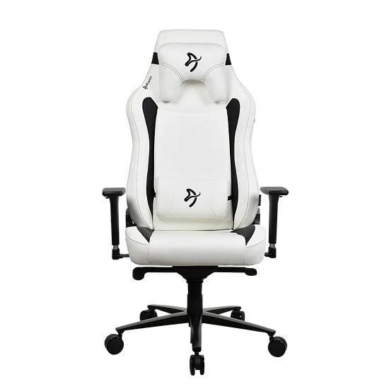 Chaise de bureau gaming blanche et noire avec des détails noirs, dotée d'un repose-tête et d'un dossier ergonomique.
