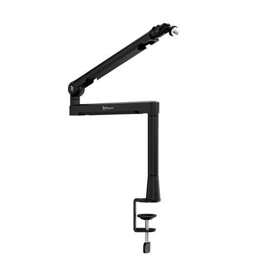 Bras articulé de bureau noir de la marque Riozzi, conçu pour maintenir un micro ou un accessoire similaire grâce à son système de fixation par pince.