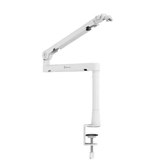 Bras articulé blanc de la marque Frozzi avec une pince de fixation pour bureau.