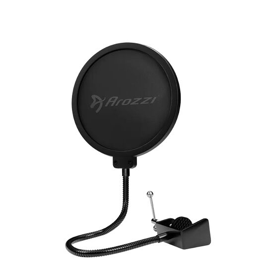 Un support de micro circulaire noir de la marque Arozzii avec un bras flexible et une pince de fixation.