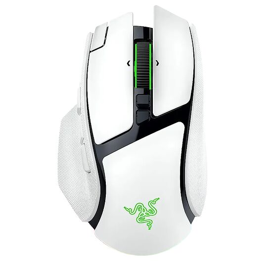 Souris gaming Razer blanche avec éclairage RGB vert sur le logo et la molette.