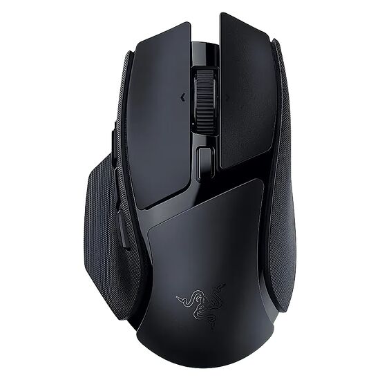 Souris gaming Razer noire avec un éclairage LED vert sur la base et le logo Razer sur le dessus.