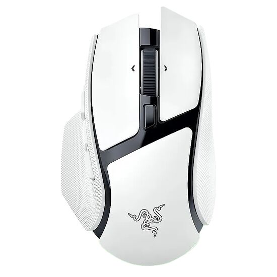 Souris gaming Razer blanche avec éclairage LED vert sur la base et logo Razer noir sur le dessus.