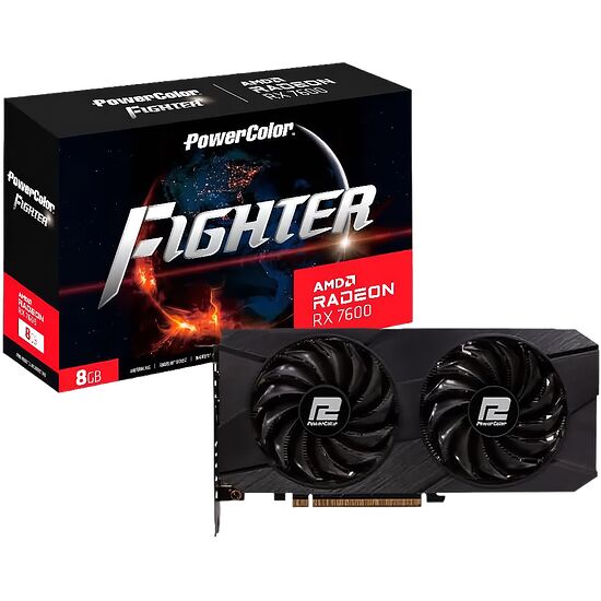 Carte graphique PowerColor AMD Radeon RX 7600 Fighter avec deux ventilateurs et 8 Go de mémoire.