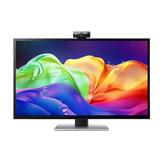 Écran d'ordinateur avec une webcam fixée sur le dessus, affichant un fond d'écran coloré aux formes abstraites.