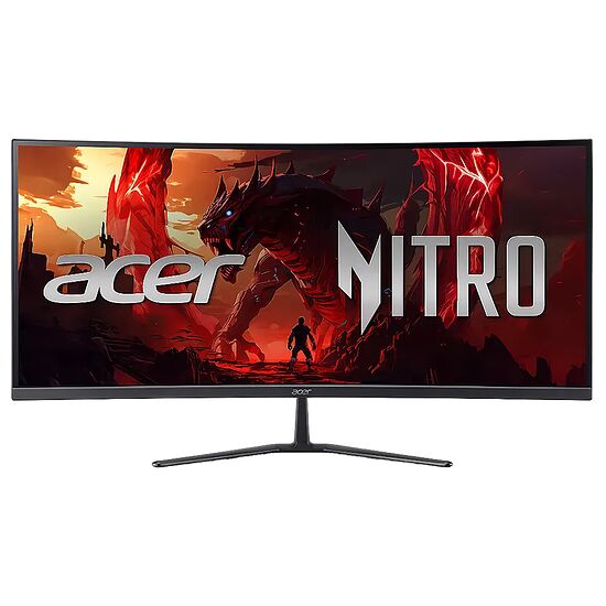 Écran incurvé Acer Nitro affichant une illustration fantastique de créature rouge et noire. L'écran est monté sur un pied noir fin en forme de T.