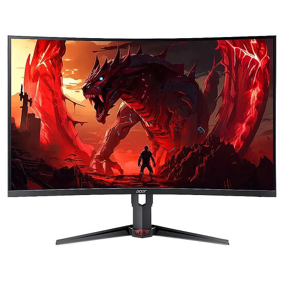 Écran incurvé Acer affichant une illustration fantastique d'un dragon rouge géant face à un personnage. L'écran est monté sur un pied noir robuste.