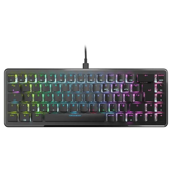 Clavier mécanique compact Turtle Beach avec rétroéclairage RGB multicolore et connexion filaire USB.