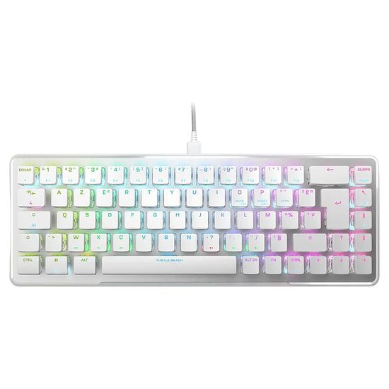 Clavier mécanique blanc avec rétroéclairage RGB multicolore, de format compact, relié par un câble USB blanc.