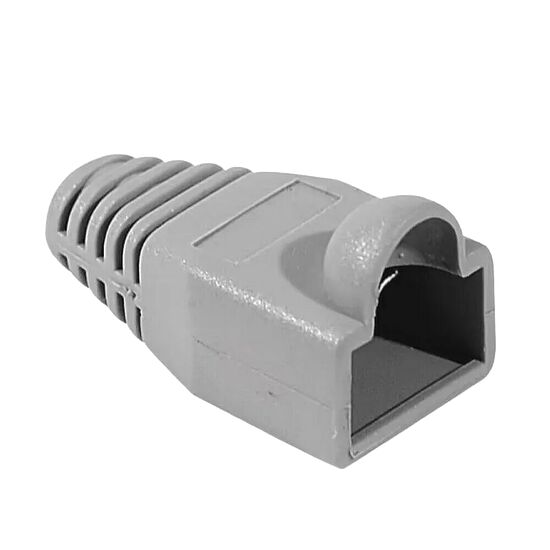 Connecteur RJ45 en plastique gris pour câble réseau.