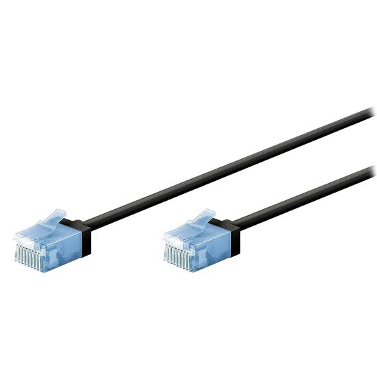 Câble Ethernet noir avec deux connecteurs RJ45 transparents.