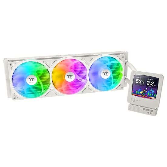 Watercooling AIO blanc avec trois ventilateurs RGB et un écran LCD intégré affichant les statistiques du processeur.