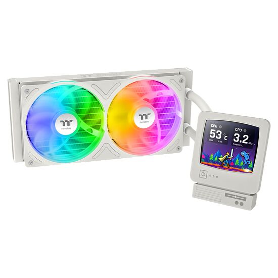 Watercooling AIO Thermaltake blanc avec deux ventilateurs à éclairage RGB et un écran LCD intégré affichant les statistiques du processeur.