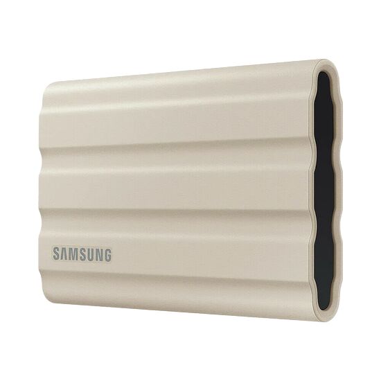 Boîtier externe Samsung de couleur beige avec une texture striée sur le dessus.