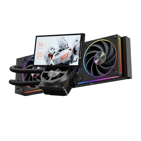 Un système de refroidissement liquide Thermalright avec un écran LCD intégré affichant les températures du CPU et du GPU, accompagné d'un ventilateur RGB.