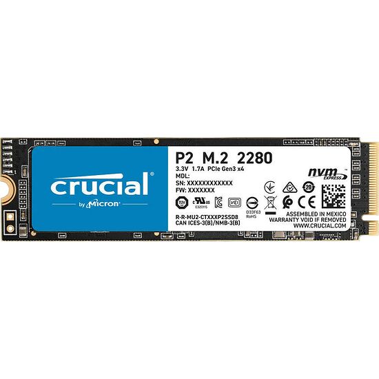 SSD Crucial P2 M.2 2280 avec interface PCIe Gen3 x4, présenté sur un fond blanc.