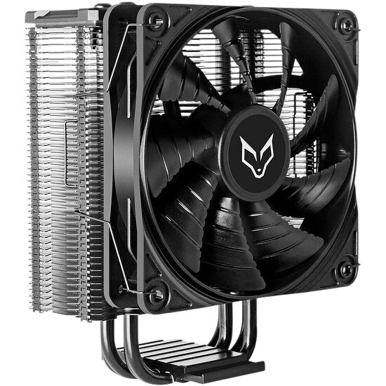 Ventirad avec un ventilateur noir arborant un logo blanc sur le centre, monté sur des ailettes en aluminium et des caloducs en cuivre.