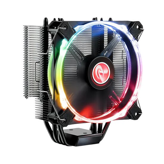 Ventilateur de processeur avec éclairage RGB multicolore sur fond noir.