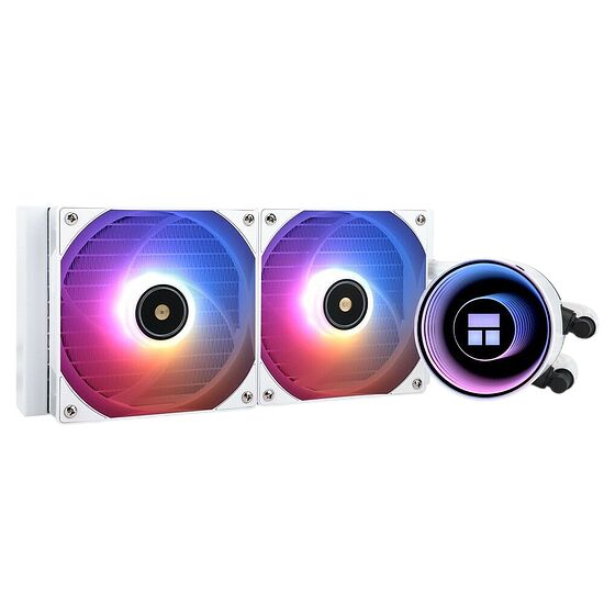 Refroidissement liquide avec deux ventilateurs RGB et un bloc de pompe circulaire rétroéclairé, le tout dans un design blanc.