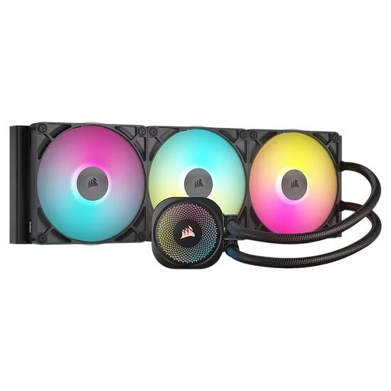 Refroidisseur liquide Corsair avec trois ventilateurs à éclairage RGB multicolore et une pompe centrale assortie.