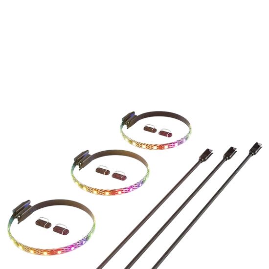Trois bandes LED RGB pour PC avec connecteurs, affichant des effets de lumière colorés.