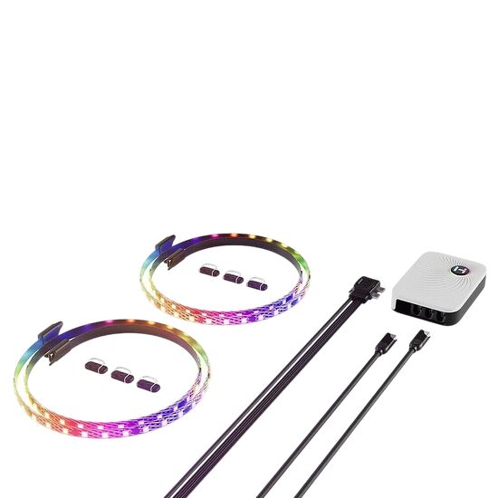 Deux bandes LED RGB avec un contrôleur blanc et des câbles de connexion pour personnaliser l'éclairage de ton PC.