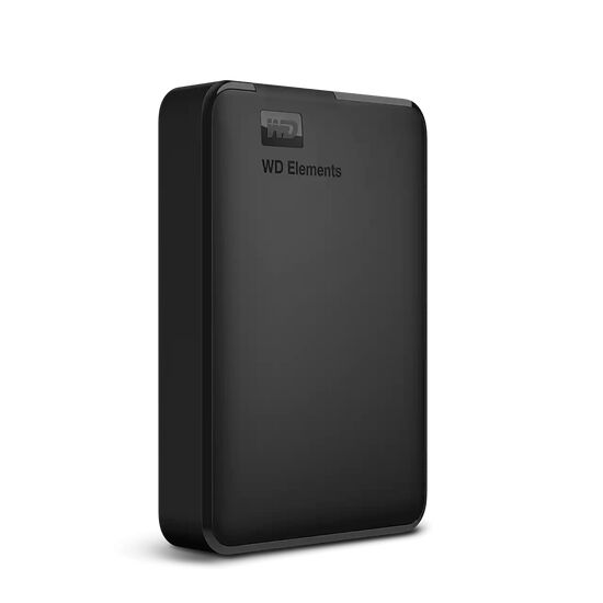 Disque dur externe WD Elements de couleur noire, présenté de face sur un fond noir.