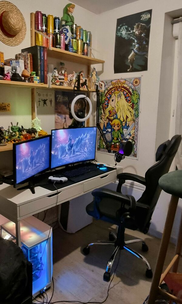 Setup de dopino, double écran dans une chambre avec étagères de collection