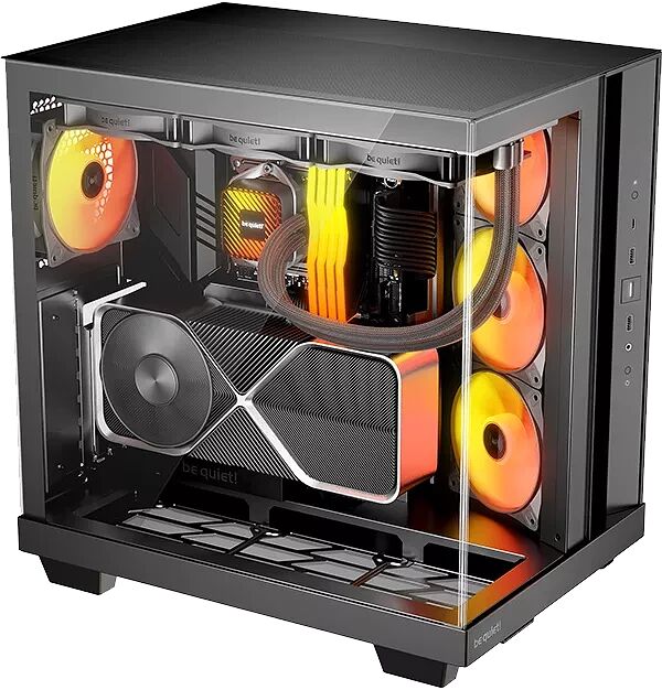PC de marque be quiet! avec un boîtier noir vitré, équipé de ventilateurs rétroéclairés en orange et d'un système de refroidissement liquide.