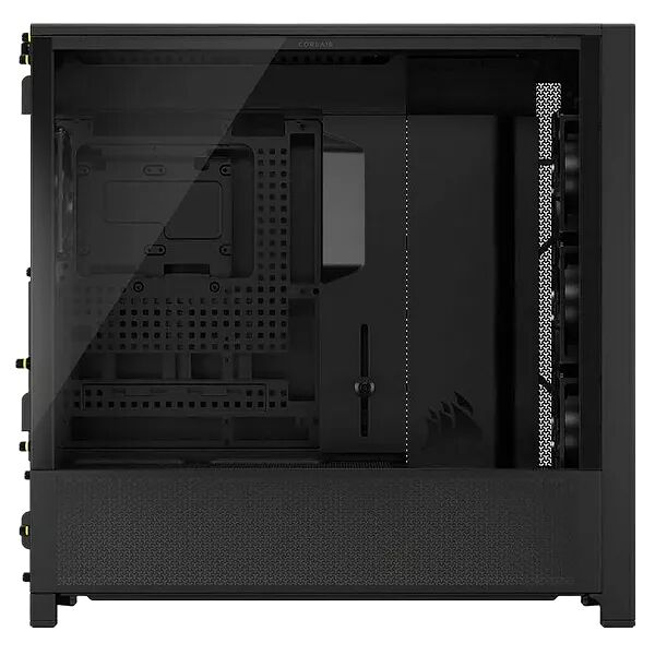 Boîtier PC Corsair noir avec panneau latéral en verre trempé et façade en mesh pour une circulation d'air optimale.