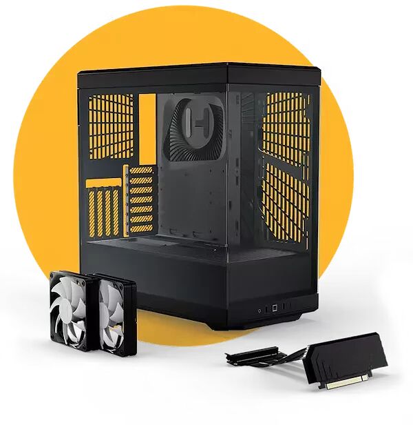 Un boîtier PC noir avec une vitre latérale transparente, accompagné de deux ventilateurs blancs et d'un câble SATA.