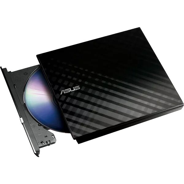 Lecteur de disque externe Asus de couleur noire avec un disque compact inséré.