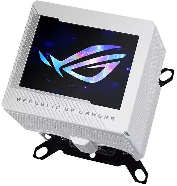 Écran LCD ASUS Republic of Gamers affichant le logo ROG sur un fond coloré, monté sur un support blanc texturé.