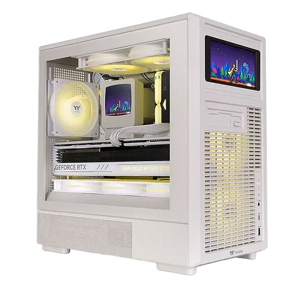 Boîtier PC blanc avec panneau latéral transparent laissant apparaître les composants internes, dont une carte graphique GeForce RTX et un système de refroidissement avec éclairage LED.