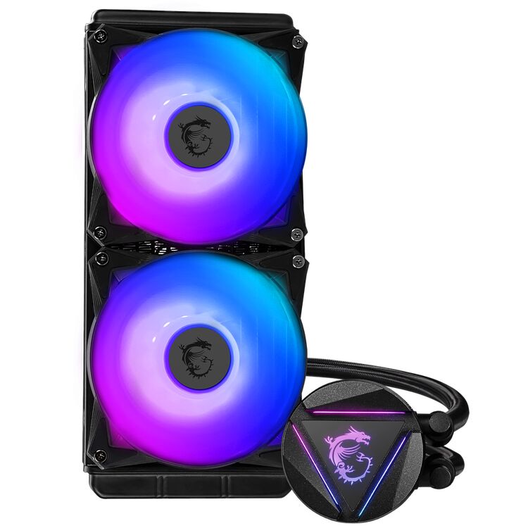 Refroidisseur liquide MSI avec deux ventilateurs rétroéclairés en RGB violet et bleu, incluant un bloc de refroidissement avec un logo lumineux.