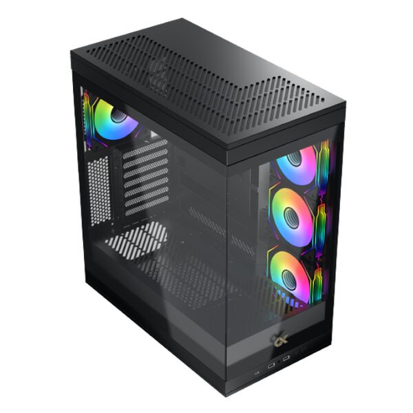 Boîtier PC noir avec panneau latéral en verre trempé et trois ventilateurs RGB colorés installés à l'avant.