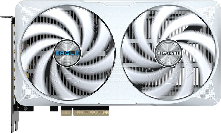 Carte graphique Gigabyte Eagle avec deux ventilateurs blancs et des détails bleus.