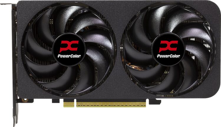 Carte graphique PowerColor avec deux ventilateurs noirs et un logo rouge sur chaque pale.