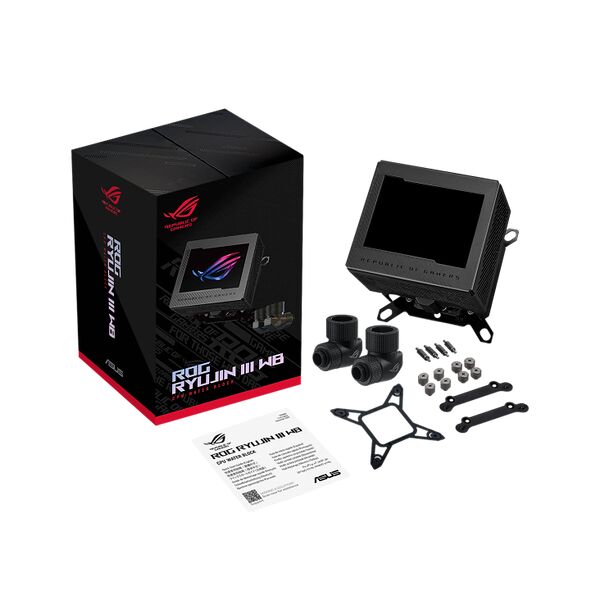 Bloc de refroidissement liquide ASUS ROG Ryujin III WB avec son écran LCD intégré, accompagné de ses accessoires de montage et de sa documentation.