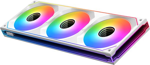 Carte graphique avec trois ventilateurs rétroéclairés en RGB sur un dissipateur blanc.