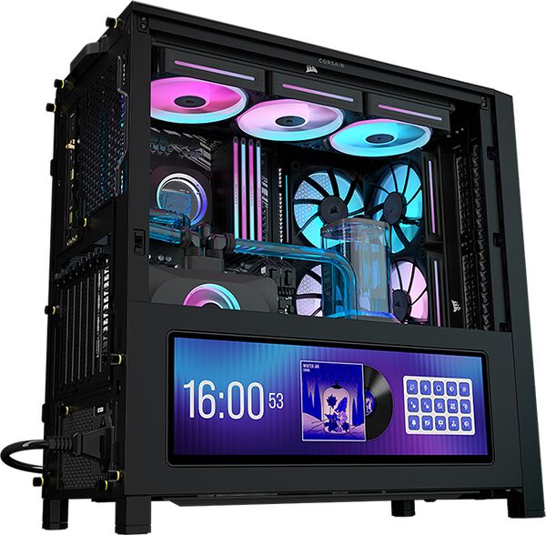 PC gaming Corsair avec un système de refroidissement liquide, des ventilateurs à éclairage RGB multicolore et un écran LCD intégré affichant l'heure et des illustrations.