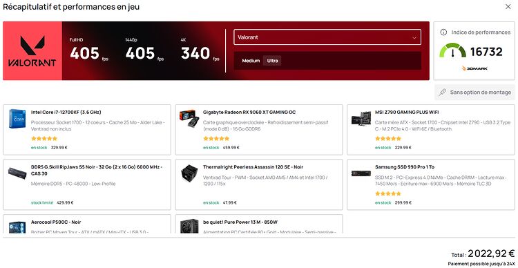 Scores de performance estimés dans ConfigoMatic