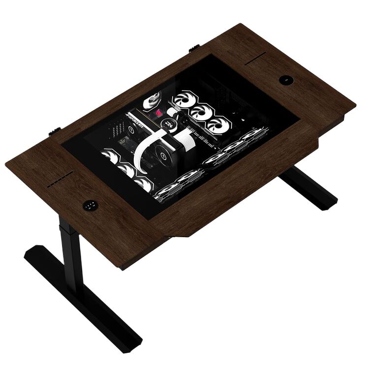 Bureau gaming en bois avec un compartiment central vitré laissant apparaître un PC avec un éclairage RGB. Le bureau possède des prises intégrées sur le plateau.