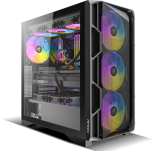 PC gamer Antec avec un boîtier vitré et un éclairage RGB multicolore sur les ventilateurs et les composants internes.