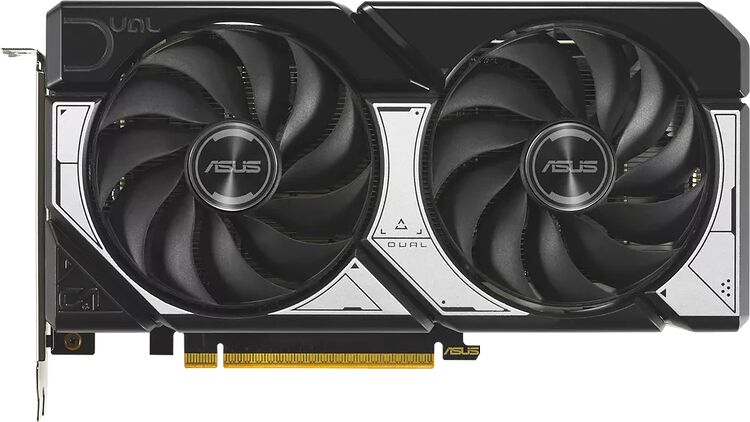 Carte graphique ASUS Dual avec deux ventilateurs noirs et des accents argentés.
