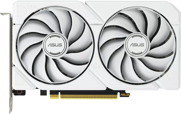 Carte graphique ASUS blanche avec deux ventilateurs de refroidissement.