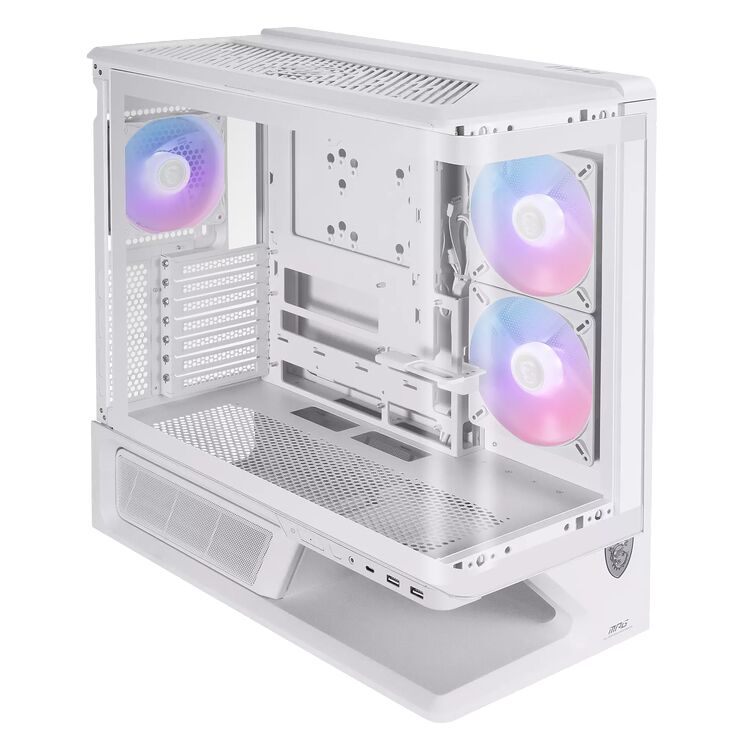 Boîtier PC blanc avec panneau latéral en verre trempé, comprenant trois ventilateurs avec éclairage RGB multicolore et une structure interne épurée.
