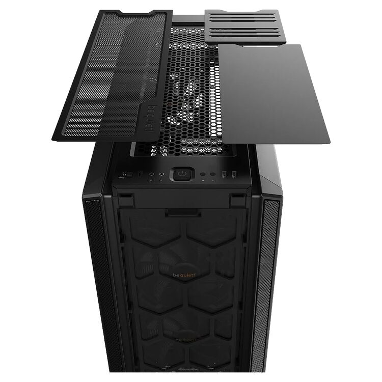 Boîtier PC noir Be Quiet! avec le panneau supérieur ouvert, révélant la structure interne et les grilles de ventilation.